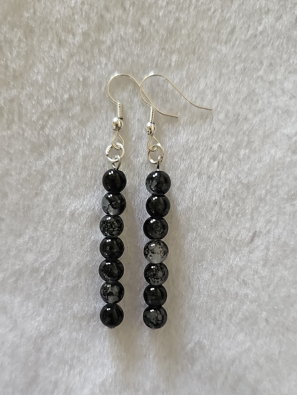 Black Glass Marbled Bead Dangle Earrings